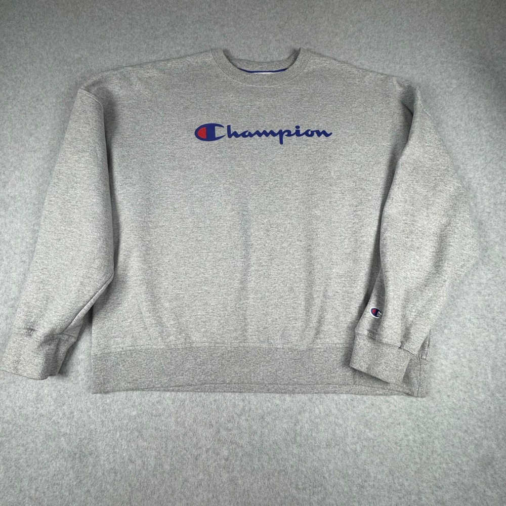 Champion Mens 2XL Gray Script Logo Fleece Pullover Sweatshirt GF535 Heather Gray